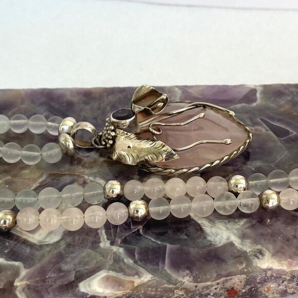 Sterling Silver 925 Modernist Rose Quartz & Amethyst Beaded Pendant Necklace - Picture 7 of 16
